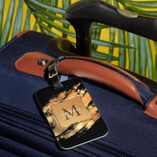 Etiqueta De Bagagem Chic Faux Dourado Glam Brushconstituídas Monograma (Frente Insitu 1)