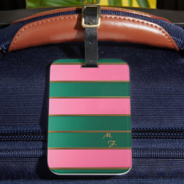 Etiqueta De Bagagem Chic Monogramado Rosa e Verde Ousado, Listrado a O