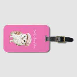 Etiqueta De Bagagem Chic Pink Beret Brown White Owl Be Seeing You