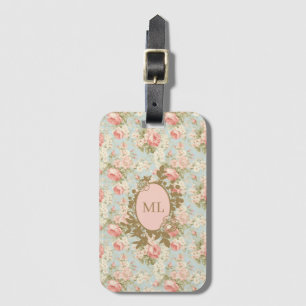 Etiqueta De Bagagem Chic Retrô Despojado Monograma Floral Rosas Rosa