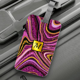 Etiqueta De Bagagem Chic Sparkle Glitter marble art pink gold monogram