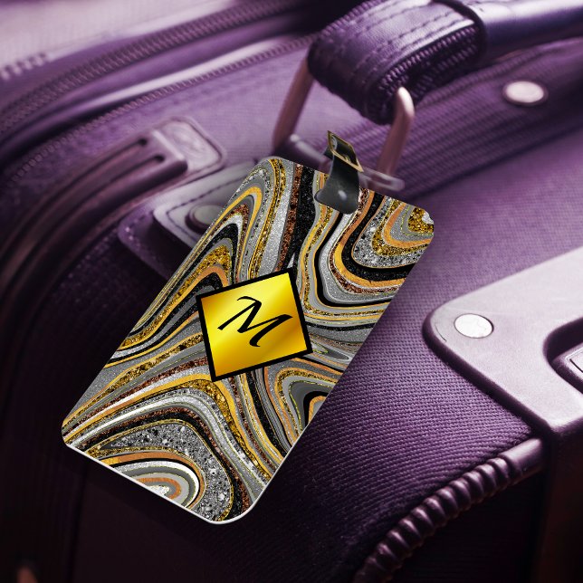 Etiqueta De Bagagem Chic Sparkle Glitter marble cinza monograma (Criador carregado)