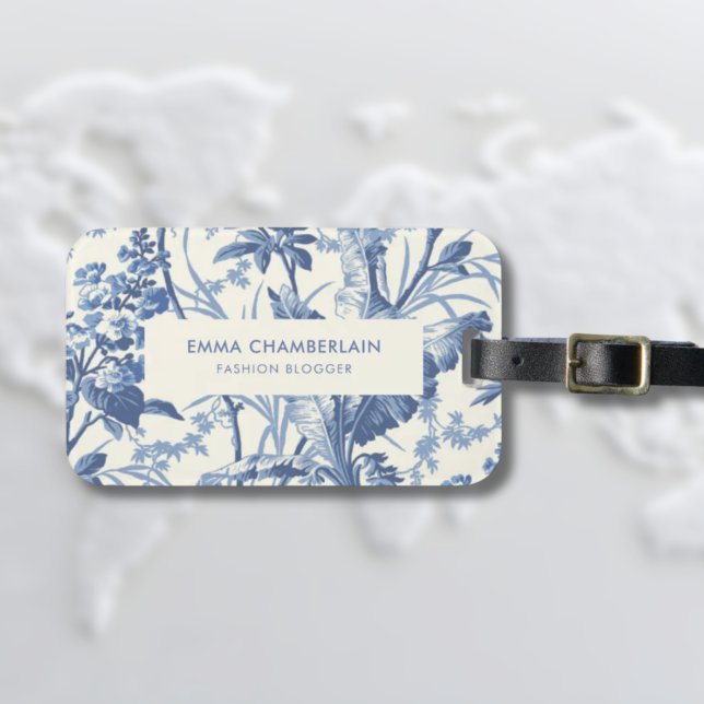 Etiqueta De Bagagem Chinoiserie Azul Botânico e Branco Personalizada (Blue and White Floral Luggage tag with vintage and feminine style)