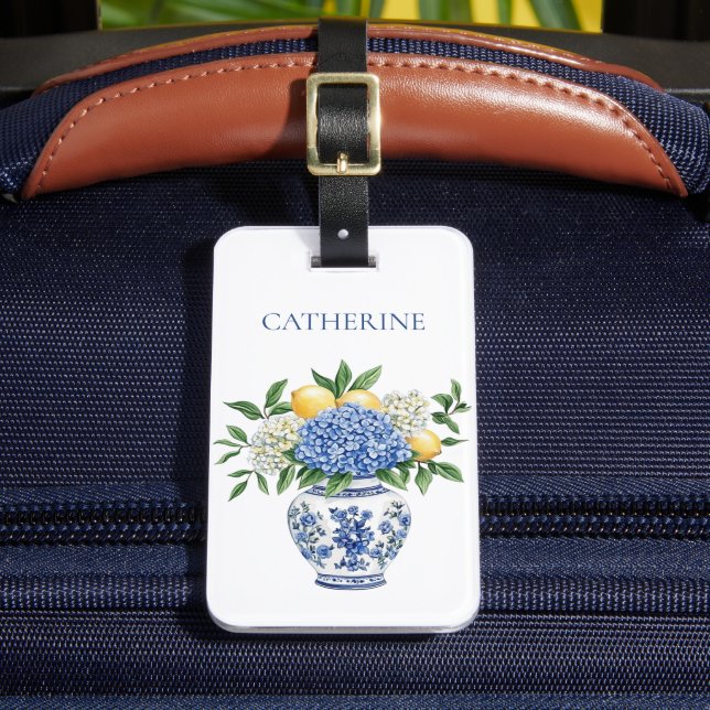 Etiqueta De Bagagem Chinoiserie azul e branca com Hydrangeas (Frente Insitu 2)