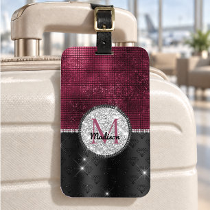Etiqueta De Bagagem Chique falso Glitter Prata Burgundy Preto monogram