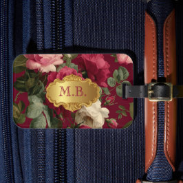 Etiqueta De Bagagem Chique Monograma Floral Rosa Vermelha Vintage