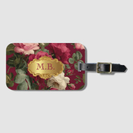 Etiqueta De Bagagem Chique Monograma Floral Rosa Vermelha Vintage