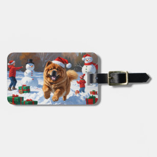Etiqueta De Bagagem Chow Chow Correndo em Neve com Chapéu de Natal