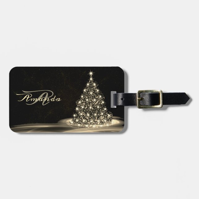 Etiqueta De Bagagem Christmas Monogram Golden Shiny Tree Winter Black (Frente Horizontal)