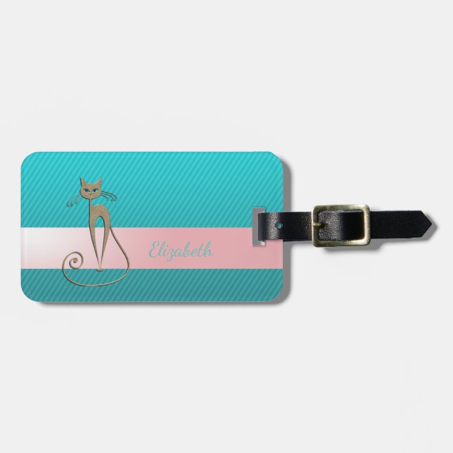 Etiqueta De Bagagem Chuva, Stripes, Gato, Girly Moderno (Frente Horizontal)