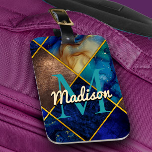 Etiqueta De Bagagem Cintura cinzenta Glitter dourado azul geométrico q