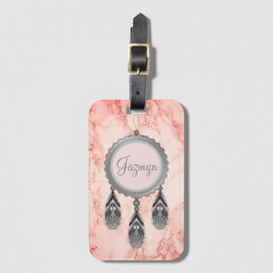 Etiqueta De Bagagem Cinza Dreamcatcher no Mármore Rosa Personalizado