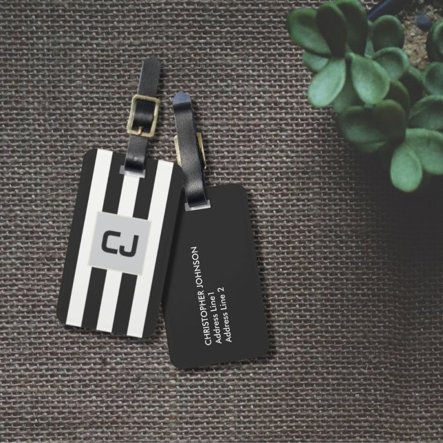 Etiqueta De Bagagem Cinza Elegante White Stripes Monograma (Criador carregado)