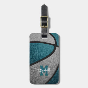 Etiqueta De Bagagem cinza teal monogramas presentes no esporte basquet