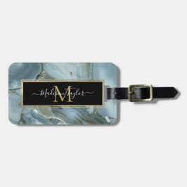 Etiqueta De Bagagem Cinza Turquesa Crachada Textura Azul de Mármore Ve