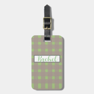 Etiqueta De Bagagem Cinza Verde Gingham Personalizado