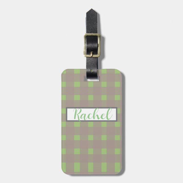 Etiqueta De Bagagem Cinza Verde Gingham Personalizado (Frente Vertical)
