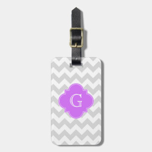 Etiqueta De Bagagem Cinza Wht Chevron Lilac Quatrefoil Monograma