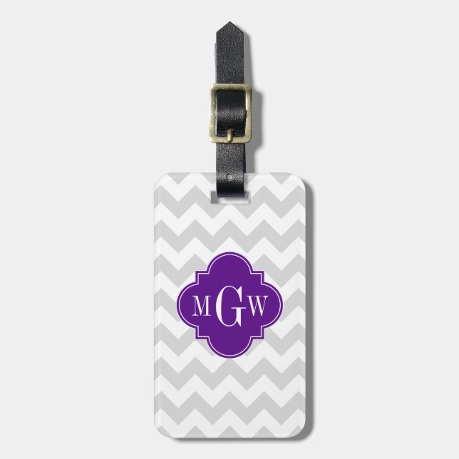 Etiqueta De Bagagem Cinza Wht Chevron Purple Quatrefoil 3 Monograma (Frente Vertical)
