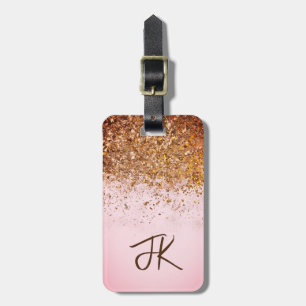 Etiqueta De Bagagem Cinzas Elegantes e Nome Monograma Dourado Glitter