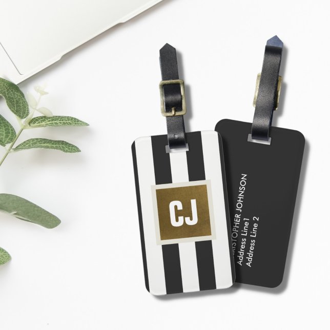 Etiqueta De Bagagem Cinzas Elegantes White Stripes Faux Copper Monogra (Criador carregado)