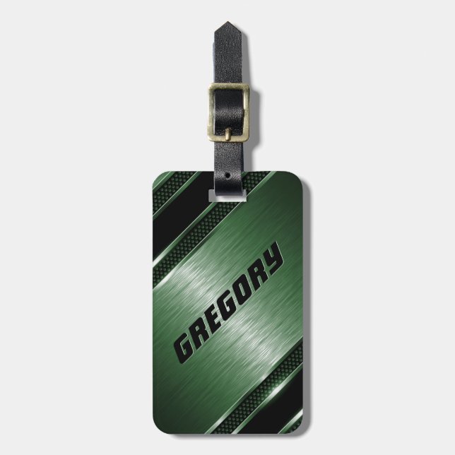 Etiqueta De Bagagem Cinzas Metálicas Modernas Verdes Masculinas 2 (Frente Vertical)