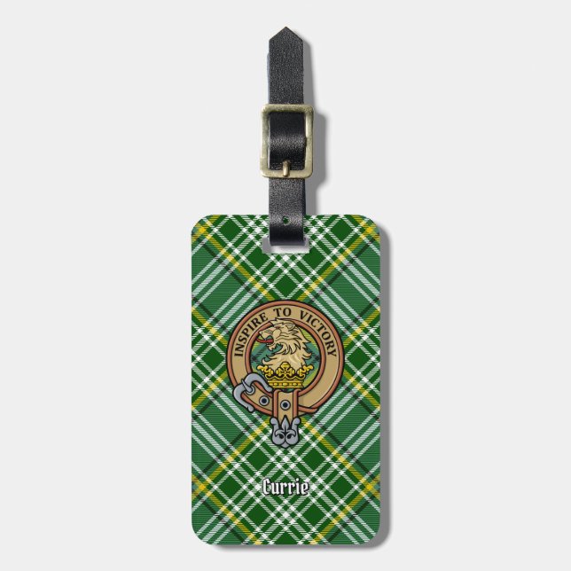 Etiqueta De Bagagem Clan Currie Lion Crest sobre Tartan (Frente Vertical)