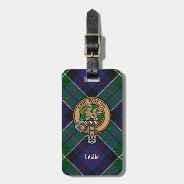 Etiqueta De Bagagem Clan Leslie Crest sobre caçar Tartan (Frente Vertical)