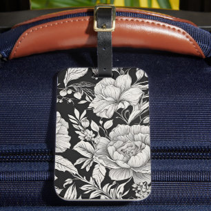 Etiqueta De Bagagem Clássico Floral Vintage Preto e Branco