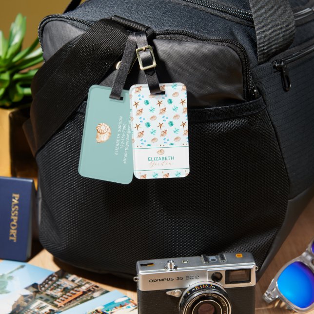 Etiqueta De Bagagem Coastal Seashell Beach Custom Elegant Travel (Frente e verso)