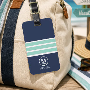 Etiqueta De Bagagem Coastal Summer Navy Mint Listras Monograma Nome
