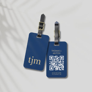 Etiqueta De Bagagem Código QR do Monograma em Negrito com Ouro Azul El
