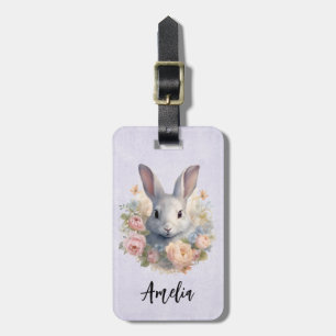 Etiqueta De Bagagem Coelho Rodeado por Flores Pastel Adorável