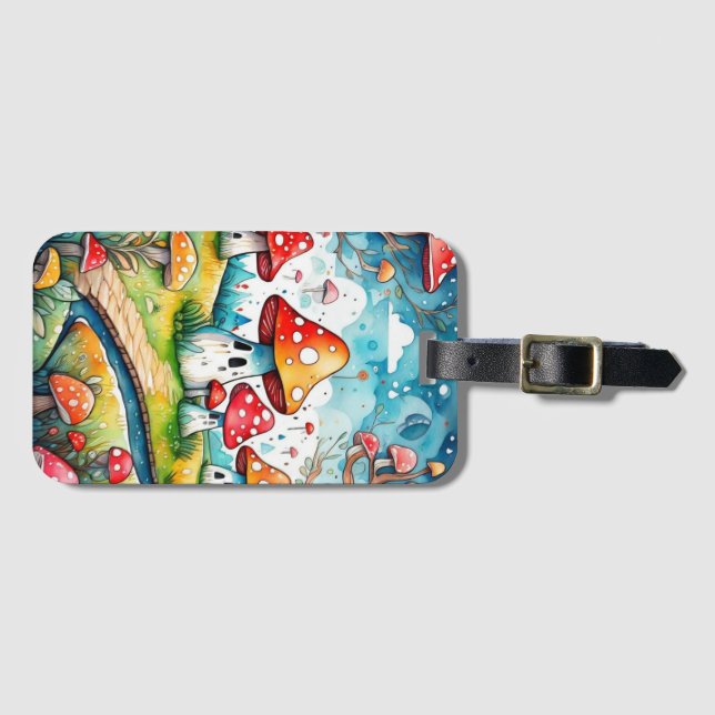 Etiqueta De Bagagem Cogumelos brancos folhas design (Frente Horizontal)