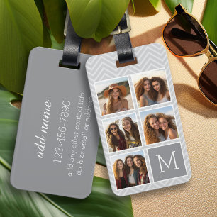 Etiqueta De Bagagem Colagem de Fotos Monograma Cinza e Branco 5