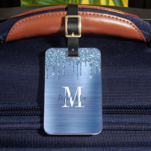 Etiqueta De Bagagem Coletor Azul Monograma Com Glitter Empurrado Metá