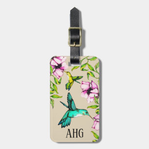 Etiqueta De Bagagem Colibris bonito da aguarela & flores roxas