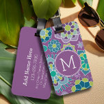 Etiqueta De Bagagem Colorful Purple Floral Pattern Custom Monogram<br><div class="desc">Purple,  Teal and Lime Green - A fun and graphic flower design in fresh,  cheerful colors. If you need to adjust the monograms,  click on the customize it button and make changes.</div>
