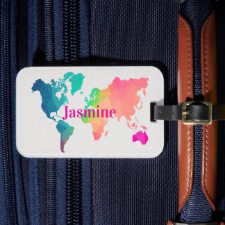 Etiqueta De Bagagem Colorful World Map Custom Monogram Name Luggage 