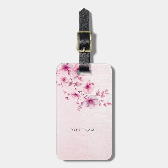 Etiqueta de Bagagem com Flores Rosa de Aquarela (Frente Vertical)