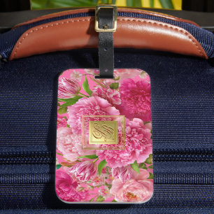 Etiqueta de Bagagem com Monograma Floral Rosa e Ve