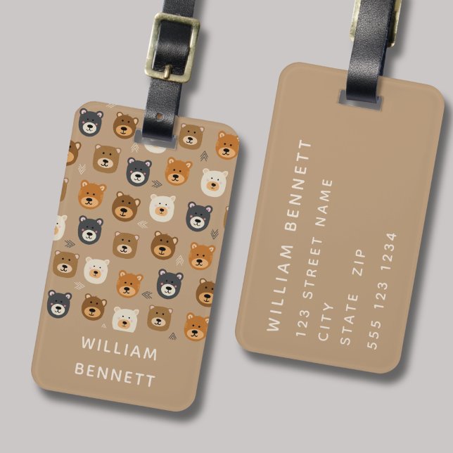 Etiqueta de bagagem com nome padrão Urso Pardo (Woodland bear cute kids novelty luggage tag for travel. Personalise with your name & contact details)