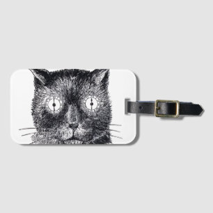 Etiqueta de Bagagem com Rosto de Gato Retro Preto