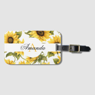 Etiqueta De Bagagem Cor da Água Amarelo e Verde Girassol Monograma
