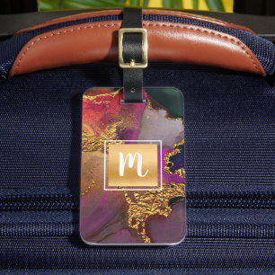 Etiqueta De Bagagem Cor da água do mármore azul roxo, ouro, monogram