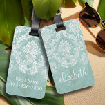 Etiqueta De Bagagem Cor damasco de Vintagem Azul de Gelo com Término G<br><div class="desc">Um padrão de vintage com um design de chalkboard e rendas. Olhem com atenção para as flores e folhas. Um design de moda com cores de tom de joia e elegância. Os itens são mais fáceis de personalizar quando você substitui todos os textos e fotos primeiro. Se a sua arte...</div>