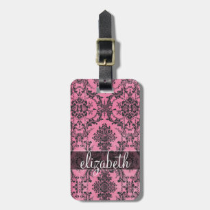 Etiqueta De Bagagem Cor damasco rosa e preto com monograma