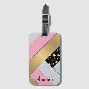 Etiqueta De Bagagem cor-de-rosa dourado, colorido, com na moda striped