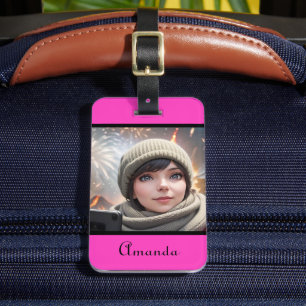 Etiqueta De Bagagem cor-de-rosa-néon brilhante fotográfico personaliza