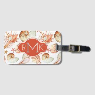 Etiqueta De Bagagem Coral com escudos & monograma do teste padrão  